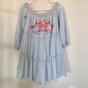 Free People light Blue floral embroidered boho ruffle dress womens size small